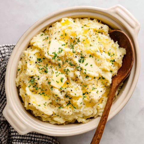 A bowl of mashed potatoes with a wooden spoon in it.