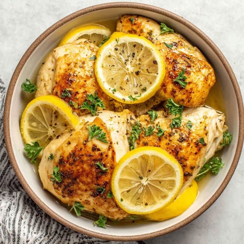A bowl of chicken with lemon slices on top.