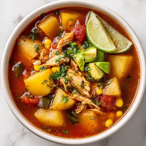 A bowl of soup with chicken, potatoes, and lime.