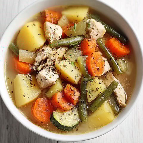 A bowl of chicken and vegetable stew.