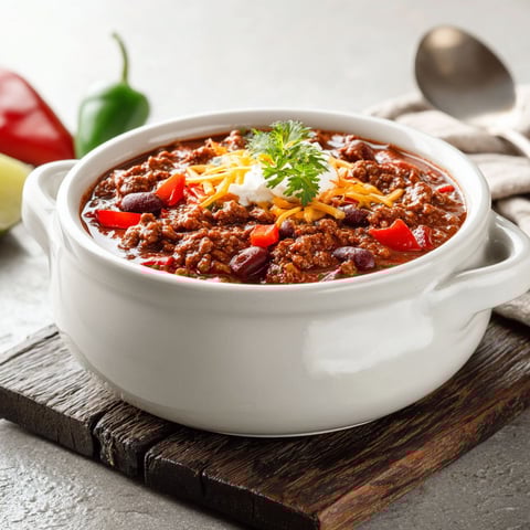 A bowl of chili with a spoon in it.