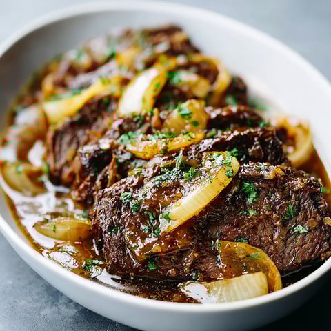 A plate of beef with onions and herbs.
