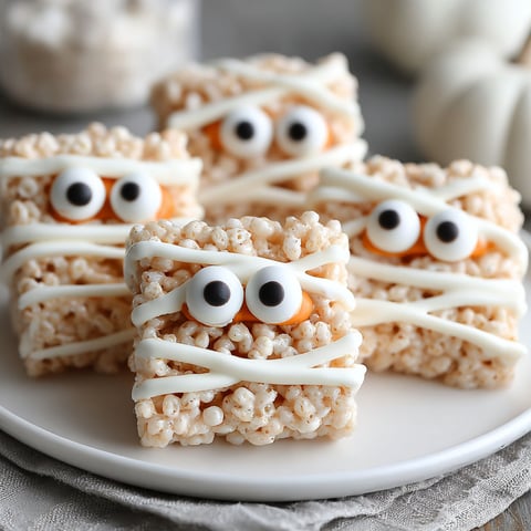 A plate of rice krispie treats shaped like mummies.