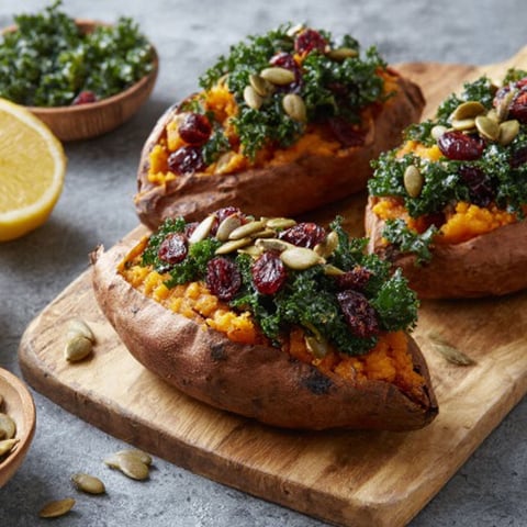 Sweet potatoes with toppings on a wooden cutting board.