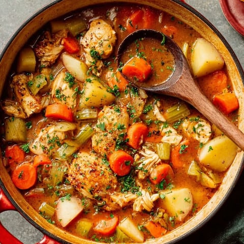 A pot of chicken stew with carrots and potatoes.