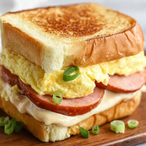 A breakfast sandwich with eggs, ham, and cheese.