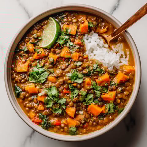 A bowl of vegan crockpot coconut-lentil curry.