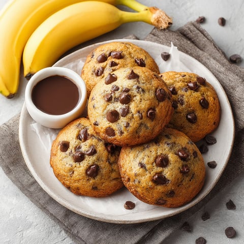 A plate of chocolate chip cookies next to a banana.