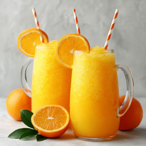 Two glasses of orange sherbet punch with orange slices on the side.