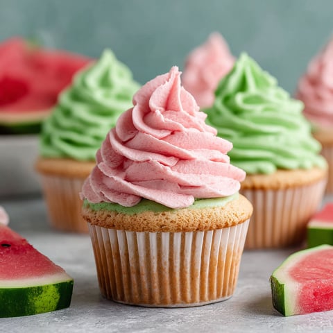 Fluffy watermelon cupcakes with green and pink frosting.