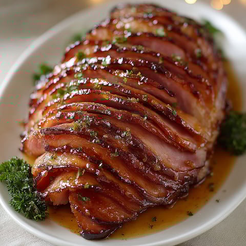 A brown sugar glazed spiral ham on a white plate.
