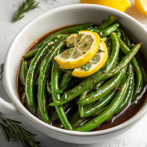 A bowl of green beans with lemon slices on top.