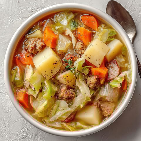 A bowl of soup with meat, cabbage, and potatoes.