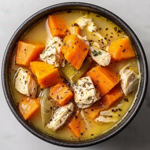 A bowl of soup with chicken, sweet potatoes, and herbs.