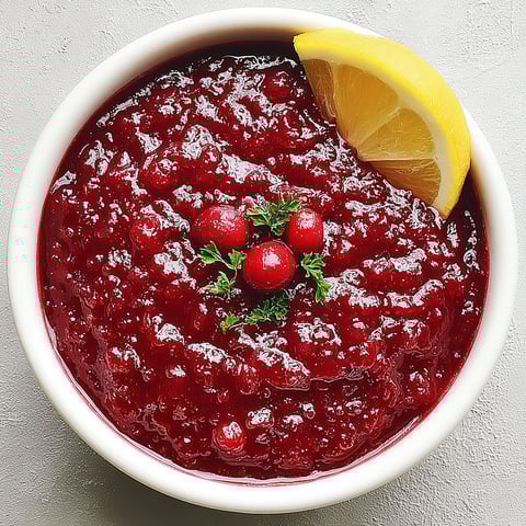A bowl of slow cooker cranberry sauce with a lemon wedge on top.