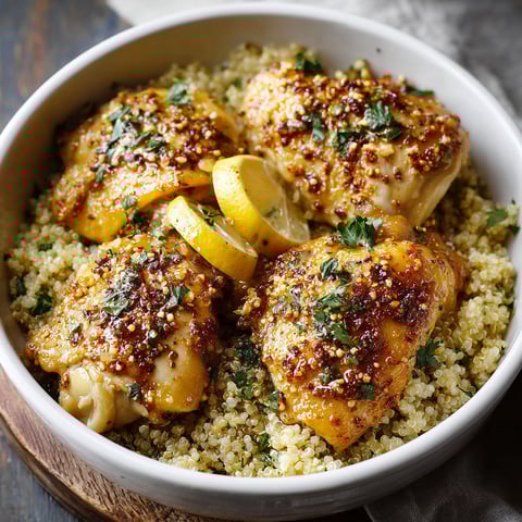 A bowl of chicken with lemon and herbs.