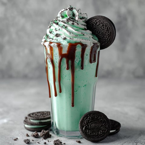 A glass of green milkshake with cookies and cream.
