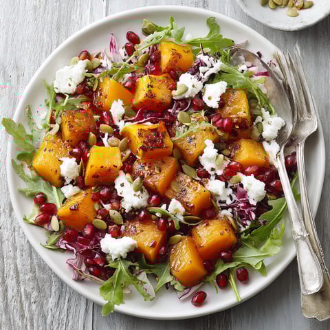 A plate of roasted butternut squash and pomegranate salad.