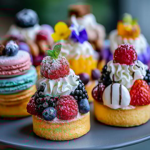 A plate of mini desserts with fruit toppings.