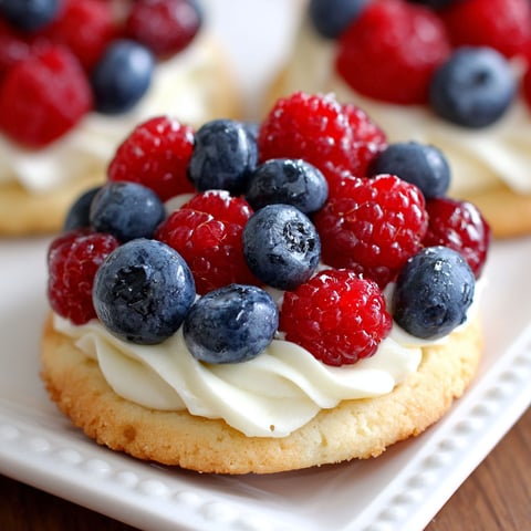 A plate with a cookie topped with raspberries and blueberries.