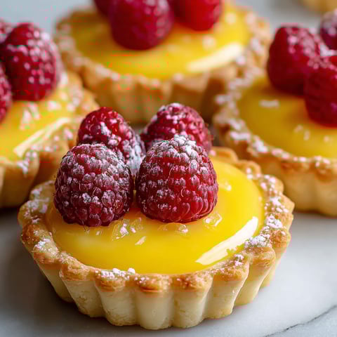 A close up of a mini lemon raspberry tart.