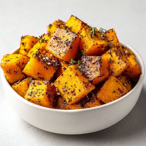 A bowl of roasted pumpkin with spices.