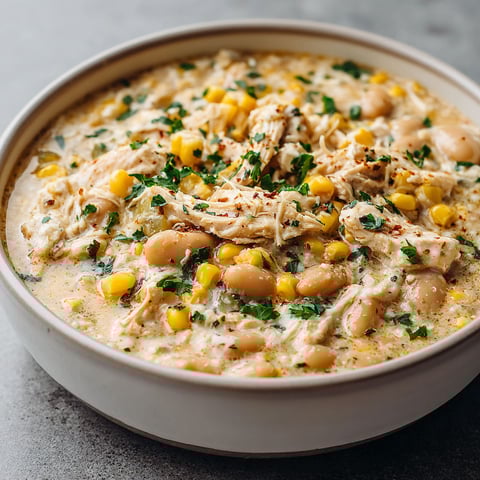A bowl of chicken chili with white beans and corn.