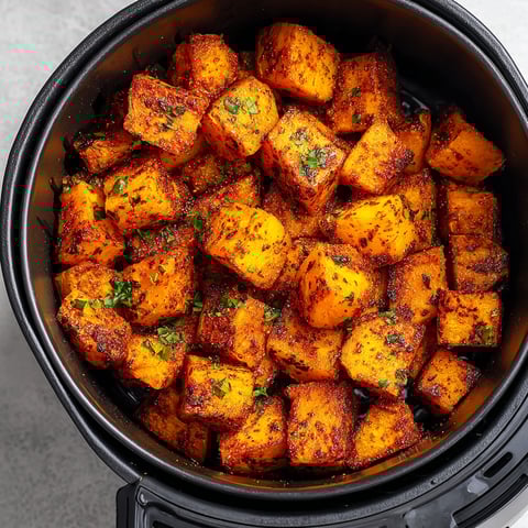 A close up of a dish in an air fryer filled with pumpkin and paprika.