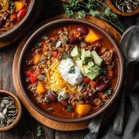 A bowl of chili with a spoon in it.