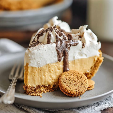A slice of pumpkin mousse pie with chocolate drizzle and cookie crumbs.
