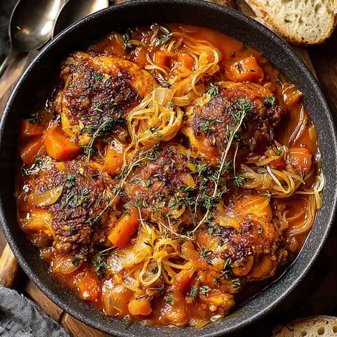 A close up of a crockpot pumpkin beer braised chicken dish.