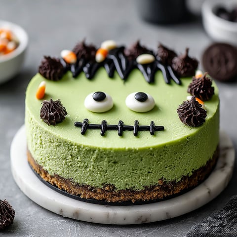 A green Frankenstein cake with chocolate and caramel decorations.