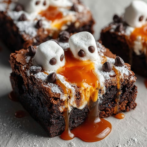 A close up of a ghostly caramel marshmallow brownie.