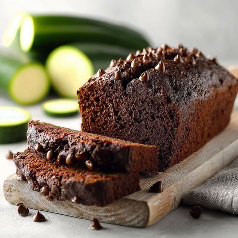A slice of chocolate zucchini bread on a wooden cutting board.