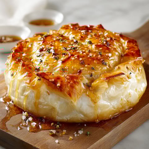 A baked brie in phyllo dough is on a wooden platter.