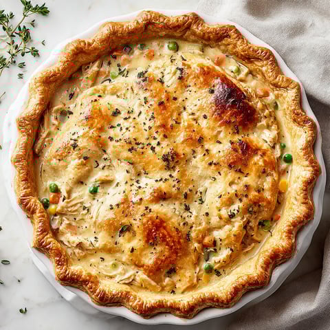 A pot pie with a golden crust and a filling of turkey and vegetables.