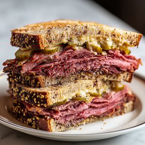 A stack of pastrami sandwiches on rye.