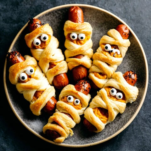 Mummy hot dogs on a plate.