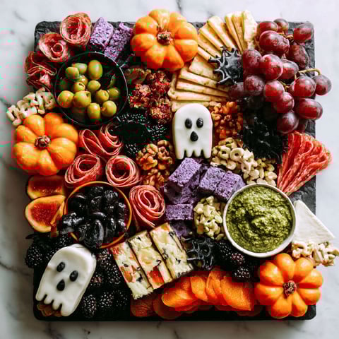 A Halloween charcuterie board with a variety of foods.