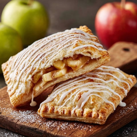 Two homemade apple pop tarts on a wooden board.