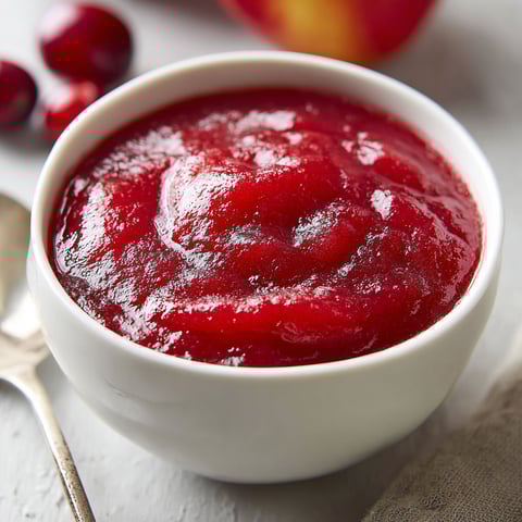 A bowl of red sauce with apples and berries.