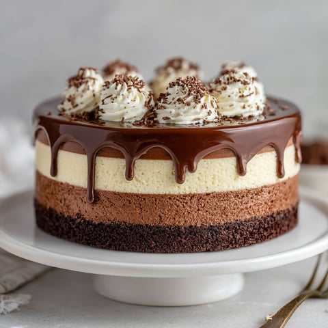 A close up of a triple chocolate mousse cake.