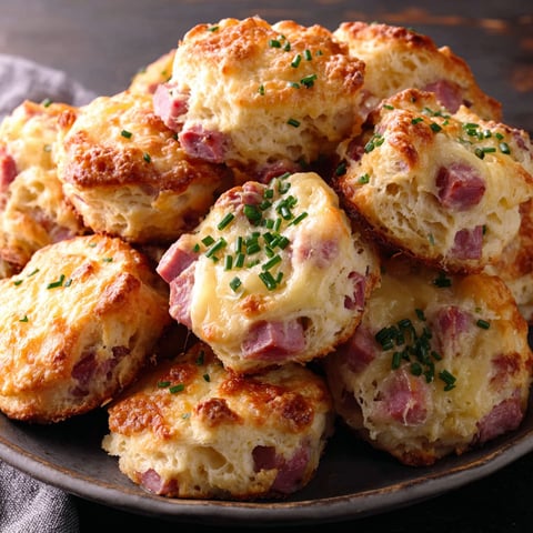 A plate of biscuits with ham and cheese.