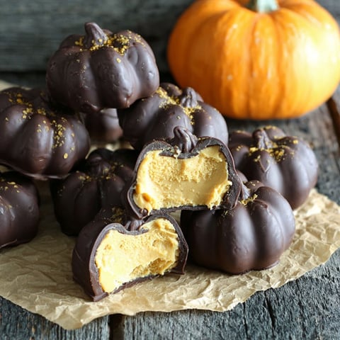 Chocolate peanut butter pumpkins on a table.