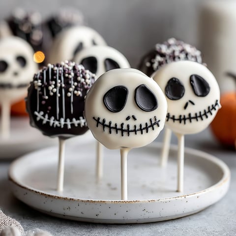 Jack Skellington Oreo Pops on a plate.