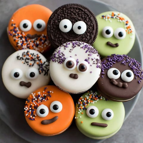 A plate of Halloween cookies with faces on them.