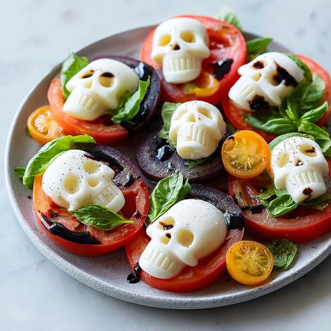 A plate of food with tomatoes and mozzarella cheese shaped like skulls.
