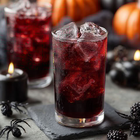 A glass of red liquid with ice and a black widow sparkler.
