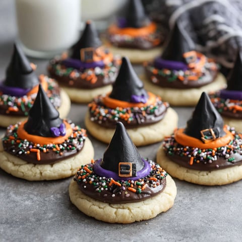 Halloween witch cookies with chocolate frosting.