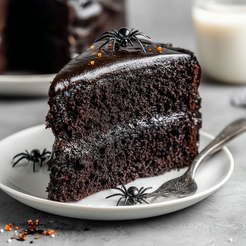 A slice of black velvet cake with orange decorations.